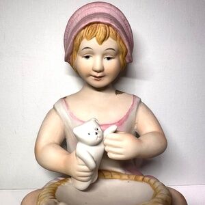 Vintage Hand Painted Piano Baby Girl Holding a Kitten